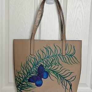 Elegant Tan Tote Bag with Blue Butterfly Hand painted Design New